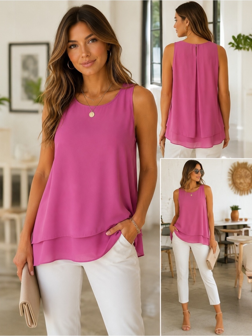 Saint Tropez West Pink Layered Chiffon Sleeveless Blouse Top Large